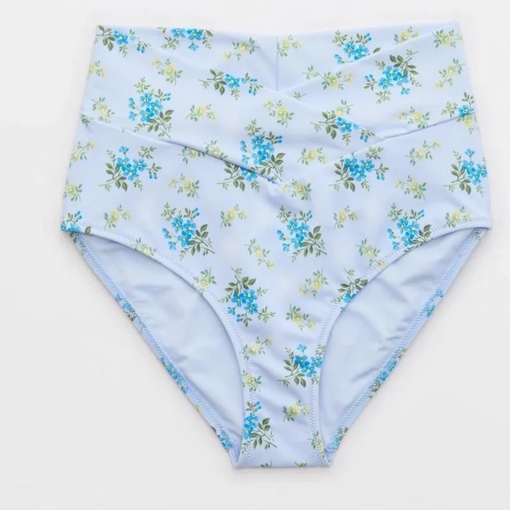 Aerie Real Good High Waisted Crossover‎ Bikini Bottom Blue Floral Small nwt